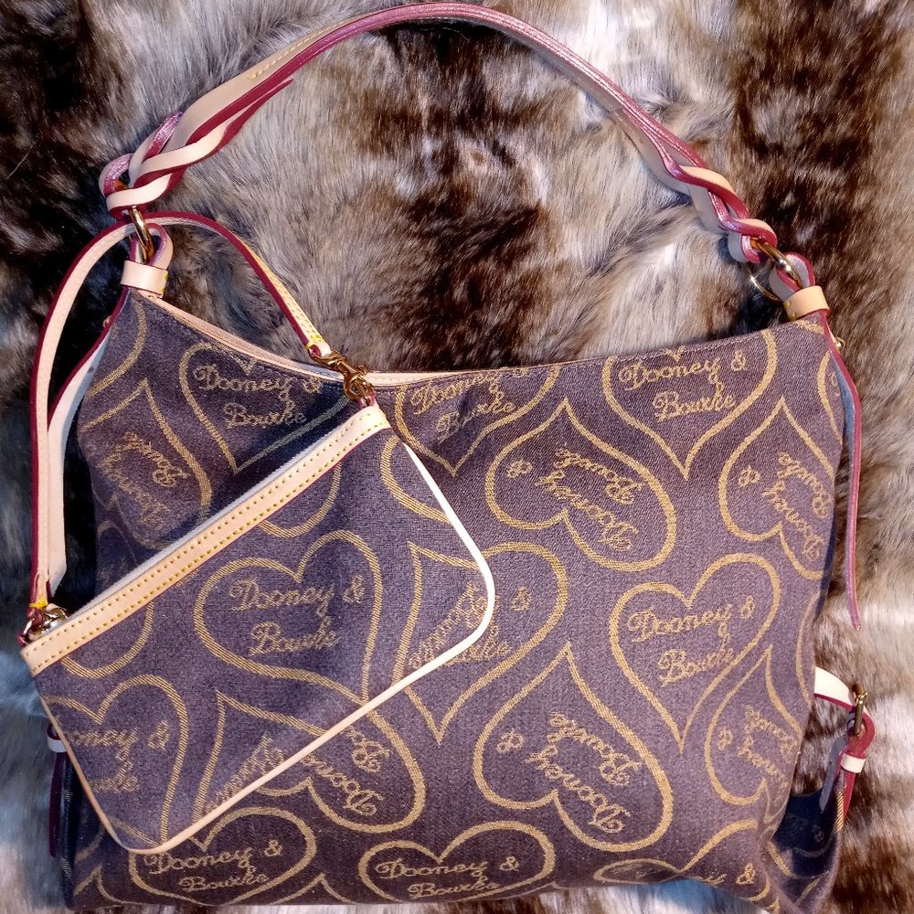 Dooney & Bourke COFFEE AMBER Signature Canvas /Leather Heart Logo Tote Bag.